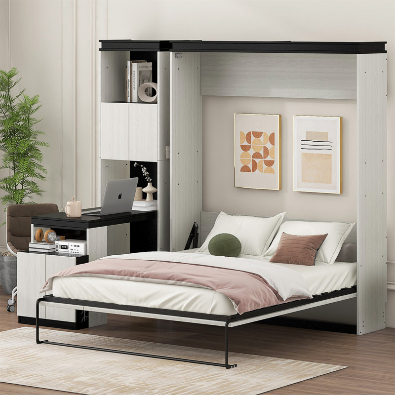 Hokku Designs Full Size Murphy Bed With Desk And Storage Shelves And Cabinets Wayfair